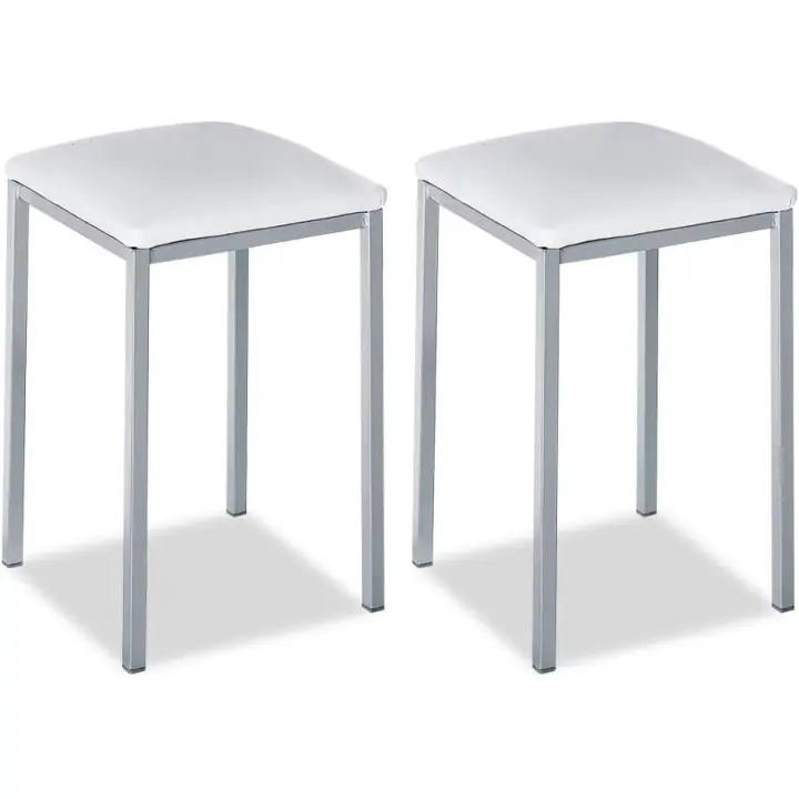 Dos taburetes de cocina modelo cuadrado de polipiel blanca con estructura de metal blanco, altura del asiento: 45 cm - 1