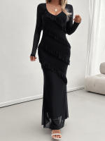 Vestido de malla con cuello en V, elegante y entallado, de manga larga para mujer, otoño invierno - details 22