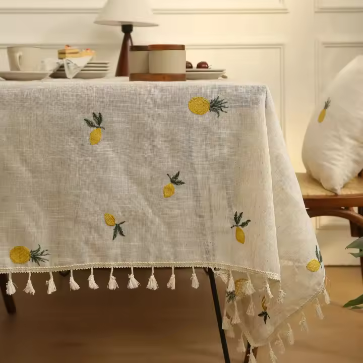 Mantel bordado con patrón Floral, sin arrugas, peso pesado, algodón, lino, mantel de granja, tela decorativa, mesa con borlas - 1