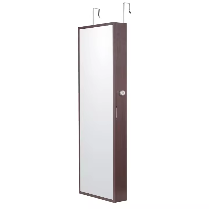 SucceBuy Gabinete de joyería con espejo de 42,52 pulgadas, con cerradura, montado en la pared/puerta, LED, forro de terciopelo, marrón, organizador - 1