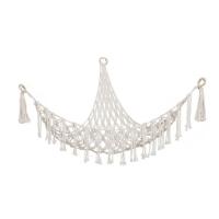 Hamaca de juguete de peluche bohemia, forma Triangular, cesta de almacenamiento de malla colgante, red de pared con borlas de algodón para dormitorio y sala de estar - details 11