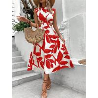 Vestido largo de mujer con estampado floral de plantas, cuello redondo, manga corta y cintura alta para el verano de 2024 - details 6