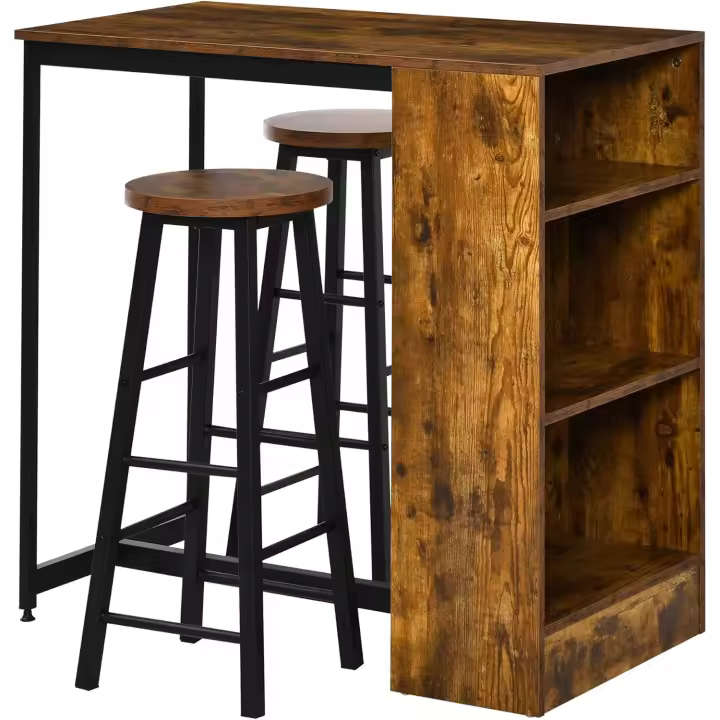 Juego de 3 Piezas Mesa Alta con 2 Taburetes Estilo Industrial con Estantes Laterales, Mesa de Bar de Madera, Negro y Marrón Rústico - 1