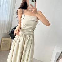 Vestido de tirantes de verano para mujer, falda acampanada plisada de cintura alta, vestido largo coreano Sle Pure Desire, cuello cuadrado, viaje dividido - details 10