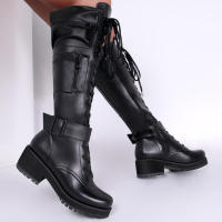 Botas de cuero con cremallera lateral para mujer, botines de tacón bajo a la moda, parte inferior gruesa con cordones, novedad de invierno de 2025 - details 11
