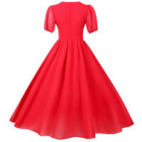 V neck women summer solid lantern short sleeve chiffon elegant vintage long party dress - details 27