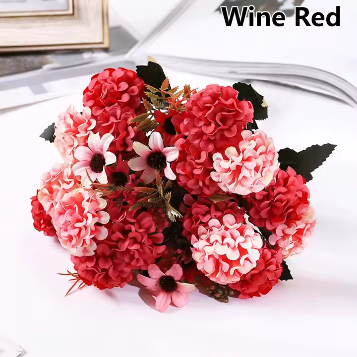 Ramo de flores artificiales para decoración de escritorio, ramo de hortensia, peonía, rosa de seda Retro, suministros de boda, manualidades vívidas - 1