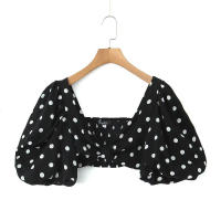 TRAFZA-Conjunto de falda con estampado de lunares para mujer, Top corto de manga corta con cuello cuadrado, falda con abertura de cintura alta, Vintage, Primavera, 2024 - details 3