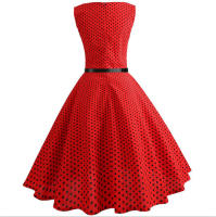 Dot print women hepburn 50s 60s swing vintage a-line party dresses with belt - details 9