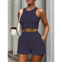 Conjunto de dos piezas de verano para mujer, chaleco sin mangas de color sólido con textura gofre y pantalones cortos casuales de moda. - details 30