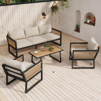 Conjunto de sillones de jardín, conjunto de muebles de jardín de 4 piezas, sofá de 3 plazas, 2 sillones y mesa de centro, exterior, tablero de madera plástica, reposabrazos de cuerda trenzada, acero galvanizado, beige - details 0