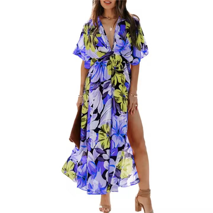 Vestido Midi de Estilo Boho Floral Cuello en V Profundo, Manga Dolman, Volante, Paño de Playa - 1