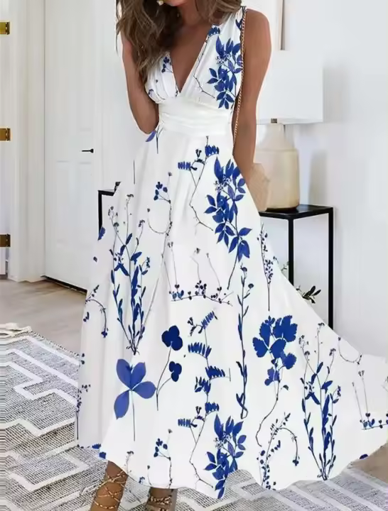 Vestido de noche elegante para mujer, estampado, largo, sin mangas, con cuello en V, fiesta, fiesta de baile, club - 1