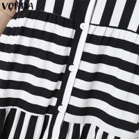 Vestido de mujer 2025, vestido veraniego a rayas bohemio, Vestidos con volantes de verano, VONDA, informal, holgado, con cuello de solapa, estampado, bata con cinturón de gran tamaño - details 11