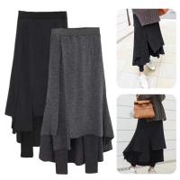 Falda de pantalones de cintura alta, cintura elástica, mallas gruesas, falda larga falsa de dos piezas con forro polar para mujer - details 3