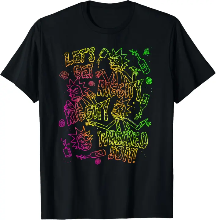 Rick and Morty-Camiseta de algodón negro con cuello redondo y bocetos de neón, ropa de moda, ajustada, de Rick y Morty, Riggity destrozada - 1