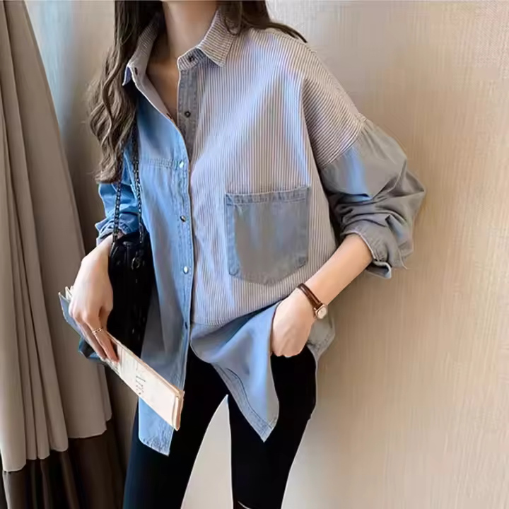 Camisa de Algodón para Otoño Azul Oscuro Moda para Mujeres - 1