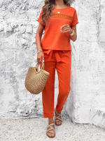 Conjuntos de verano de 2 piezas para mujer, Tops de manga raglán con pantalones, Verde S - details 4