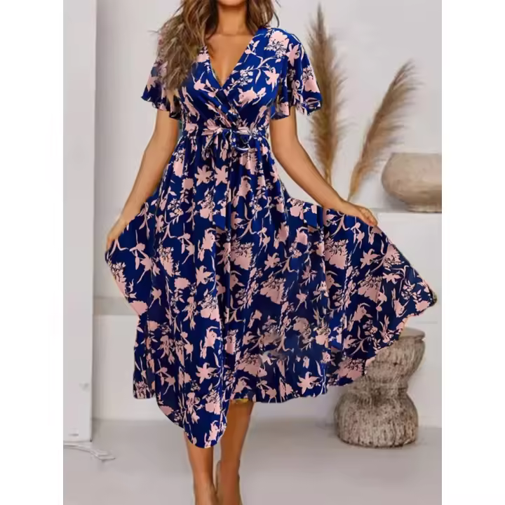 ¡El verano de 2025! Vestido ajustado elegante con estampado floral en la cintura y manga larga corta con cuello en V para mujer - 1