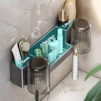 Soporte de plástico para cepillos de dientes, soporte para vasos de enjuague bucal de gran capacidad montado en la pared con tazas, estante de almacenamiento para inodoro que ahorra espacio para el hogar - details 3