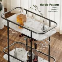 Carrito de servicio de barra de 2 niveles con ruedas, carrito de bebidas móvil con estante para vino y soporte para vidrio, almacenamiento de bebidas rodante con placa de patrón de mármol - details 5