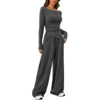 Conjunto de otoño Camiseta asimétrica de manga larga Pantalones de pierna ancha Traje informal Chándal - details 30