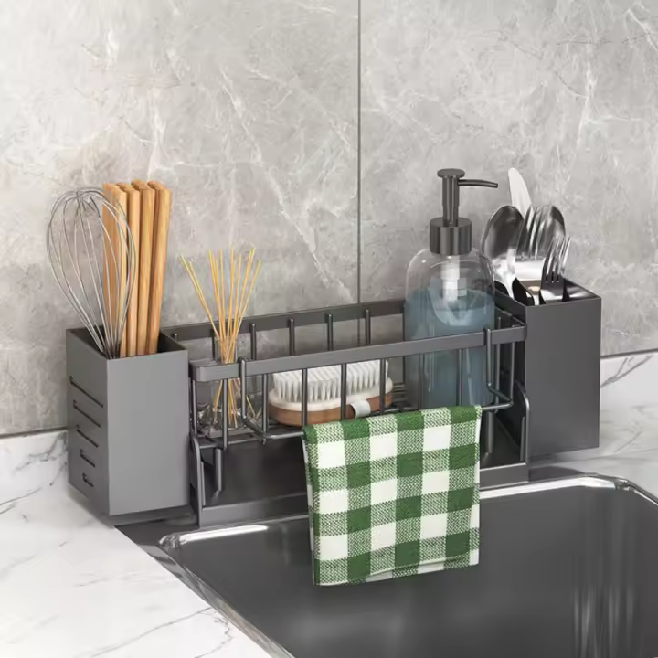 Rejilla para escurrir para fregadero ABS, taza de almacenamiento, soporte para esponja de cocina de gran capacidad, organizador multifuncional para fregadero de cocina a prueba de herrumbre - 1