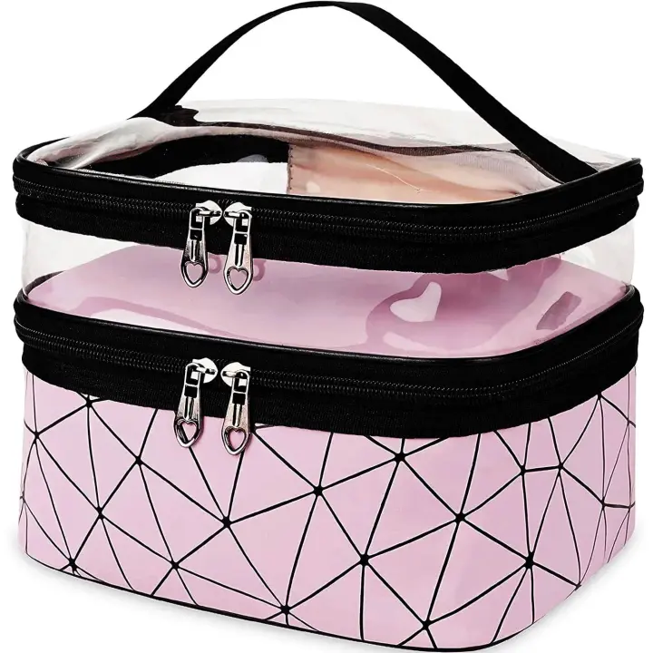 Bolsa de maquillaje de doble capa, estuche de viaje para cosméticos, organizador de maquillaje, bolsa de aseo - 1
