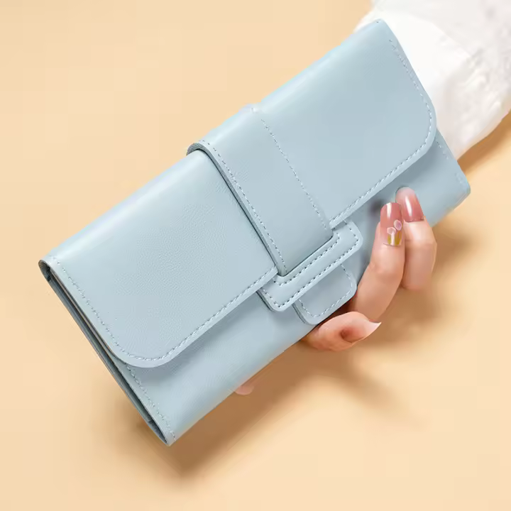 Cartera de moda para mujer, bolso de mano triple largo de piel sintética, monedero con tapa elegante, tarjetero multifuncional con botón a presión - 1
