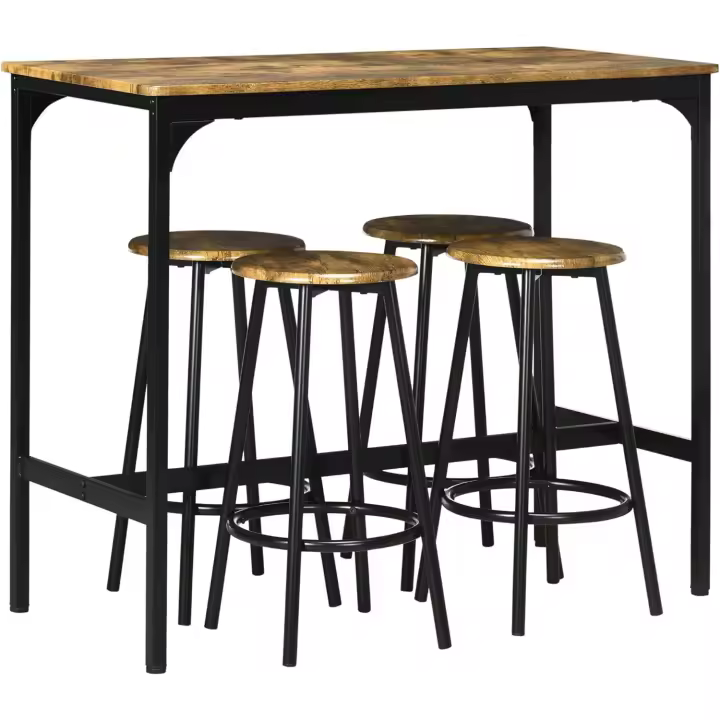 Juego de Muebles Altos de Mesa y Sillas de Bar de 5 Piezas Mesa de Comedor Industrial y 4 Taburetes Redondos con Marco de Metal Estilo Rústico Marrón - 1