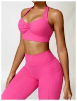 Sujetador deportivo con cuello Halter para mujer, Top fruncido de alto soporte para gimnasio, ropa de entrenamiento, corsé de - details 9