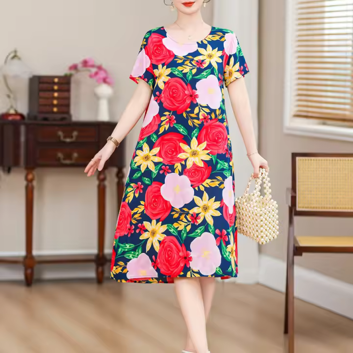 Vestido Floral de Verano Cuello Redondo, Manga Corta, Vestido Suelto y Vintage para Mujeres - 1