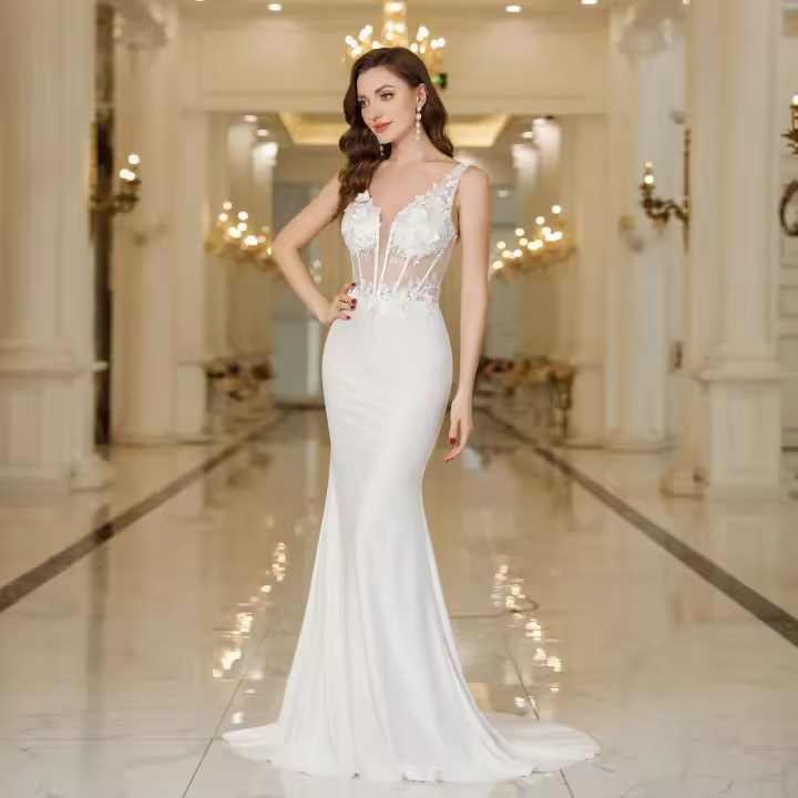 Elegante Vestido de Novia Sirena Blanca Perlas de Encaje Sin Mangas con Cuello en V para Fiesta Formal - 1