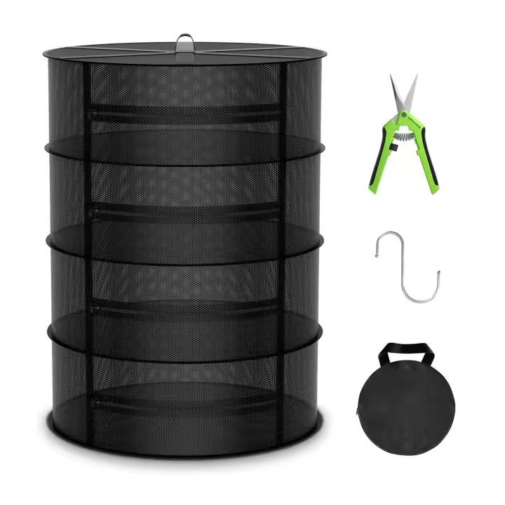 4 piezas, rejilla para secar hierbas de 4 capas, un gancho en S, una bolsa de almacenamiento, tijeras de jardinería, rejilla para secar plantas con cremallera, red negra para secar hierbas, flores, brotes, pescado, verduras - 1