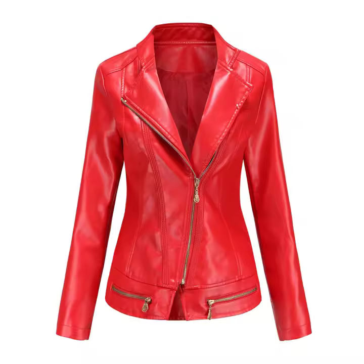 Chaqueta de moto de cuero con cremallera asimétrica para mujer, chaqueta de motorista corta de moda informal - 1