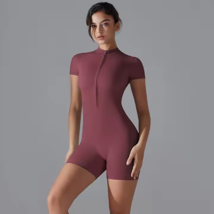 Ropa De Yoga Integrada Desnuda Europea Y Americana Cuello Alto Cremallera Medio Abierta Mono De Fitness De Manga Corta Mono Deportivo Ajustado - 1