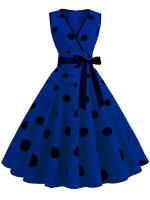 Women summer polka dot vintage  v neck lleeveless party dress elegant belt - details 7