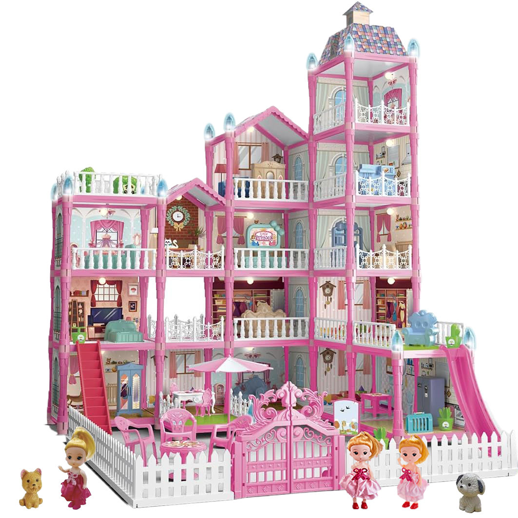 Clásico Kit de Casa de Muñecas DIY de 5 Pisos Juega y Aprende con 16 Habitaciones, 3 Princesas, 2 Cachorros, Muebles, Accesorios, Luces LED Regalo Perfecto para Niños