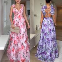 Vestido Largo de Fiesta Étnico con Volantes - Tul Floral Estampado Tropical, Tirantes Finos Ajustables - Elegante Vestido de Noche para Bodas, Fiestas de Verano 2025 - details 1