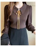 2025 otoño mujer gasa Patchwork suéter manga linterna cuello vuelto jersey con botones mujer Oficina señora suéter invierno - details 13