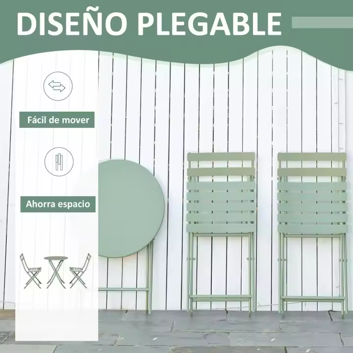 Conjunto de Muebles de Jardín Plegable Juego de 1 Mesa Redonda y 2 Sillas de Terraza con Marco de Acero y Respaldo para Balcón Patio Verde Oscuro - 1