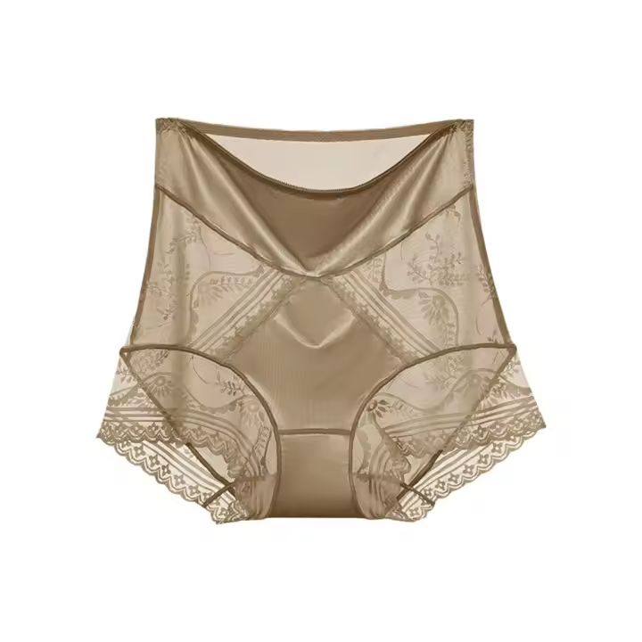Bragas de seda helada de satén dulce para mujer, ropa interior de cintura alta ultrafina suave con encaje en la entrepierna de algodón y flores de malla, ropa interior sin costuras - 1
