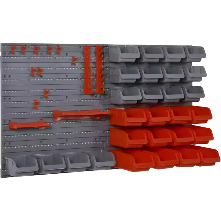 Organizador de herramientas de pared de 44 piezas 95x54 cm, estantería de pared para herramientas con 28 cajas apilables y diferentes ganchos, gris y rojo. - 1