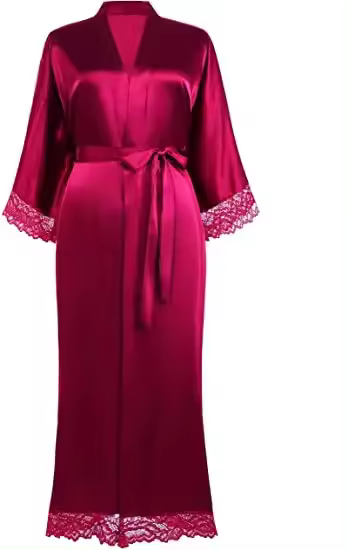 Vestido tipo kimono largo Sexy para mujer, bata de baño de encaje, lencería, camisón de seda helada, camisón de Color sólido, ropa de dormir de talla grande #     0701 - 1