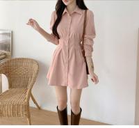 Vestido Chic Adelgazante Cintura Alta A-Línea con Manga Larga Dulce Falda Rosa para Mujeres - details 9