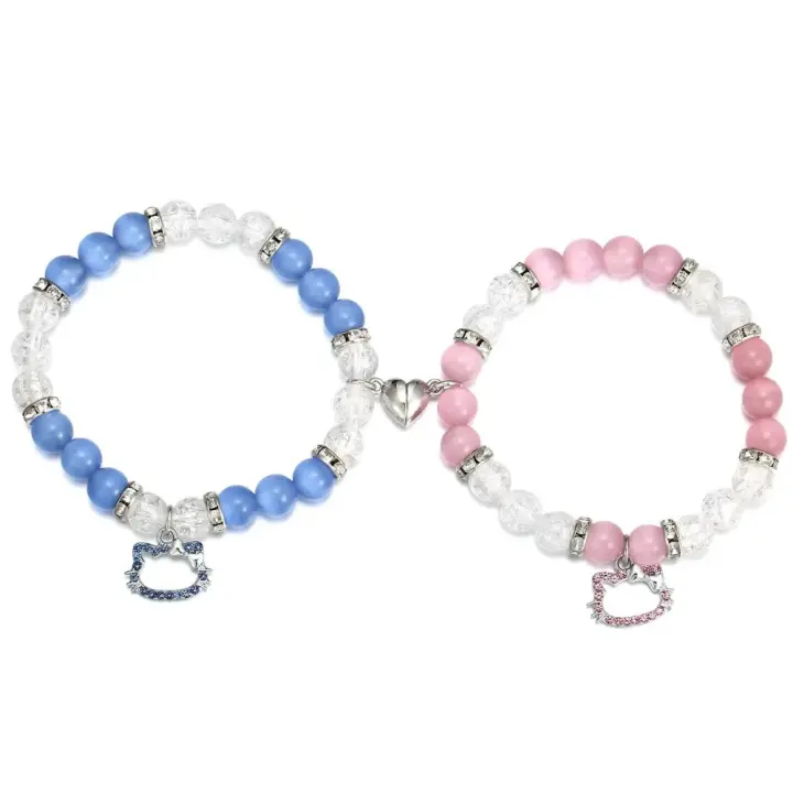 Pulseras Elásticas de Pareja con Imán en Forma de Corazón con Colgante de Gato Bonito - 1