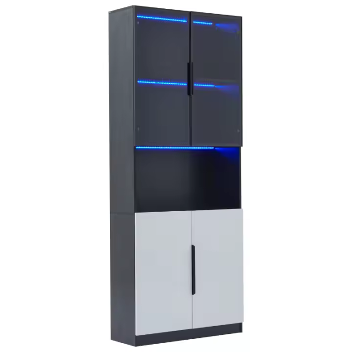 Vitrina minimalista moderna con puertas de vidrio, vitrina con luces LED, estantería para coleccionables, temperatura y brillo de color ajustables, puertas blancas con decoración negra, 80*30*200cm - 1