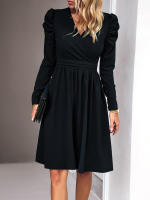 Vestido elegante con cuello en V y manga G para mujer, ropa de color sólido, moda para otoño e invierno - details 11