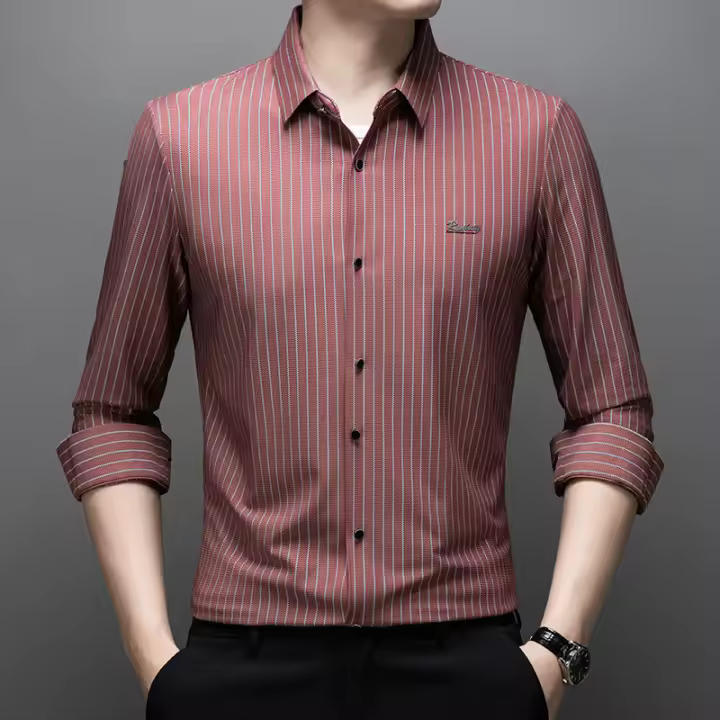 Otoño nuevos hombres de manga larga con rayas verticales, tendencia de moda, rastro, sin planchar, camisa casual de negocios de mediana edad - 1