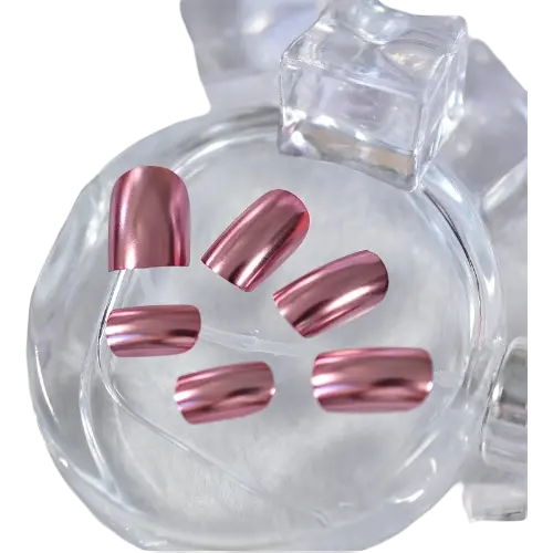 Uñas postizas metálicas rosa plateadas cromadas punk de tamaño medio corto, juego de 24 piezas de puntas acrílicas para manicura, fáciles de colocar y quitar. - 1